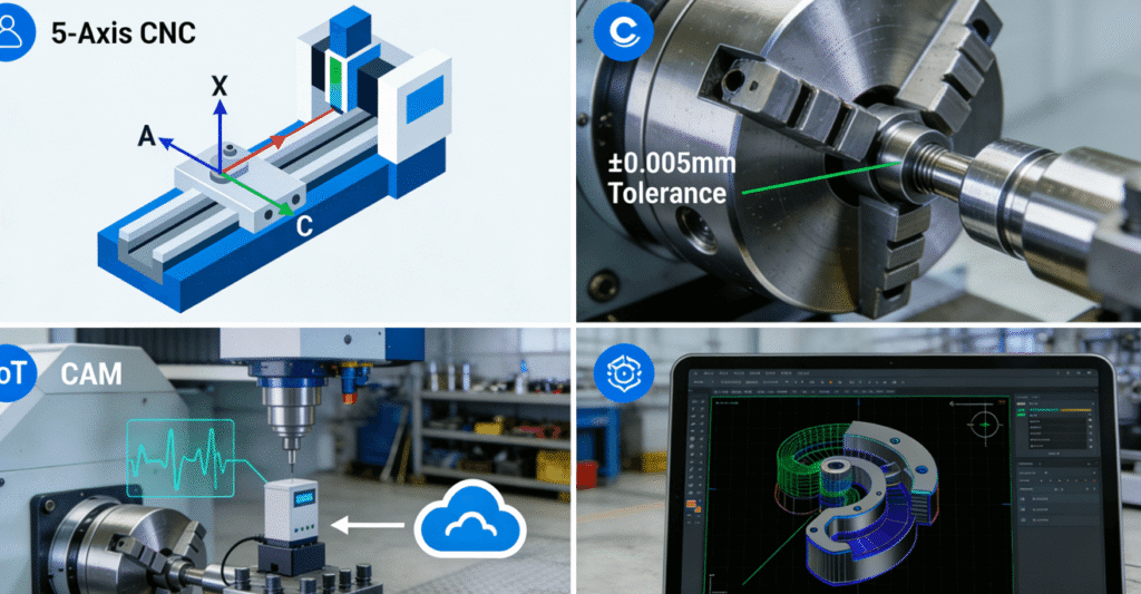 Diagram illustrating key technologies for achieving micron-level precision in CNC turning, including 5-axis machining, IoT sensors, and real-time monitoring.