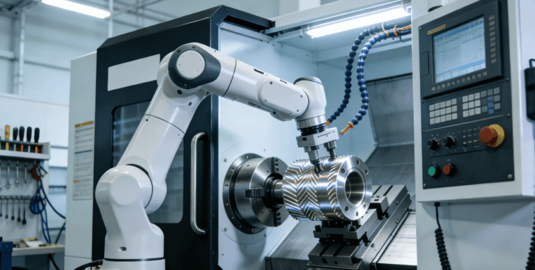 :A six-axis industrial robot arm working in a modern, clean CNC turning cell, loading a reflective metal workpiece into a high-precision lathe.