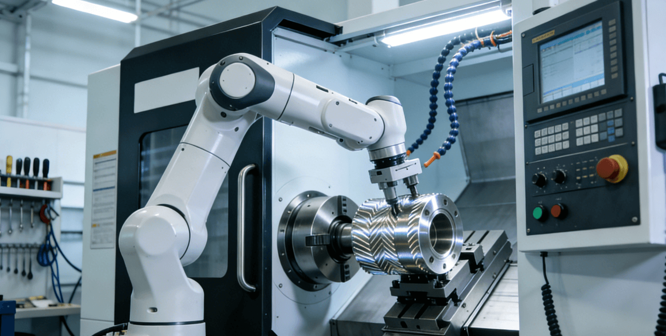 :A six-axis industrial robot arm working in a modern, clean CNC turning cell, loading a reflective metal workpiece into a high-precision lathe.